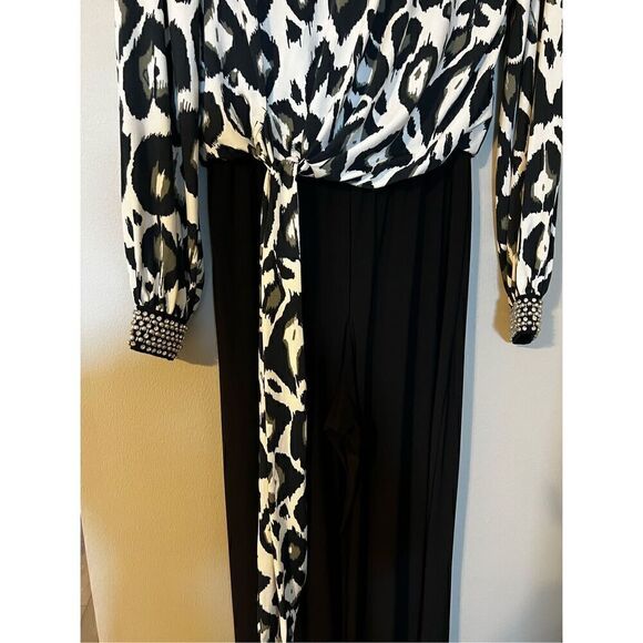 MSK Women’s Size Small Wide Leg Jumpsuit Black White Animal Print Tie Waist - Picture 4 of 12